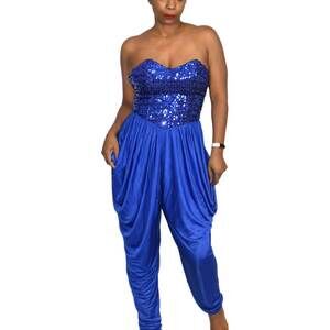 Sequin Draped Jumpsuit Vintage Blue Harem Strapless Sweetheart Pant Size Small